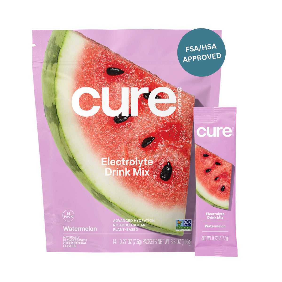 Cure Hydration envase frontal 14 sobres, portátil y práctico