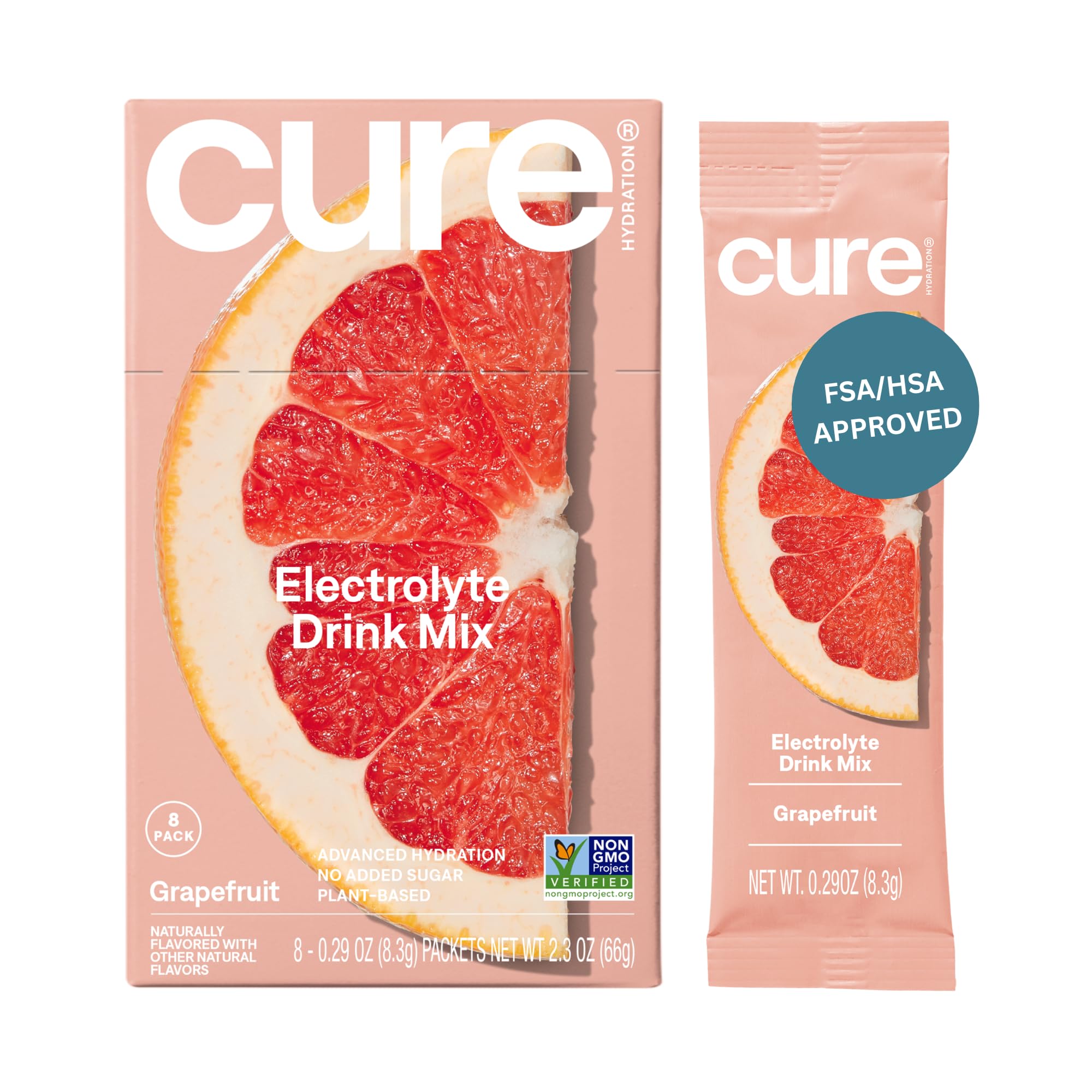 Cure Hydration paquete frontal grapefruit mostrando diseño y conveniencia