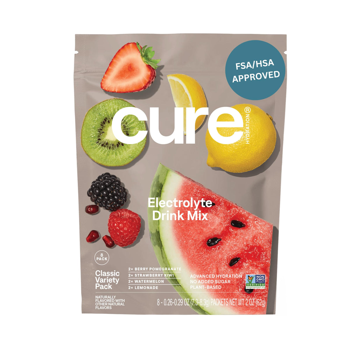 Cure Hydration vista frontal del paquete, presentación práctica y sin azúcar
