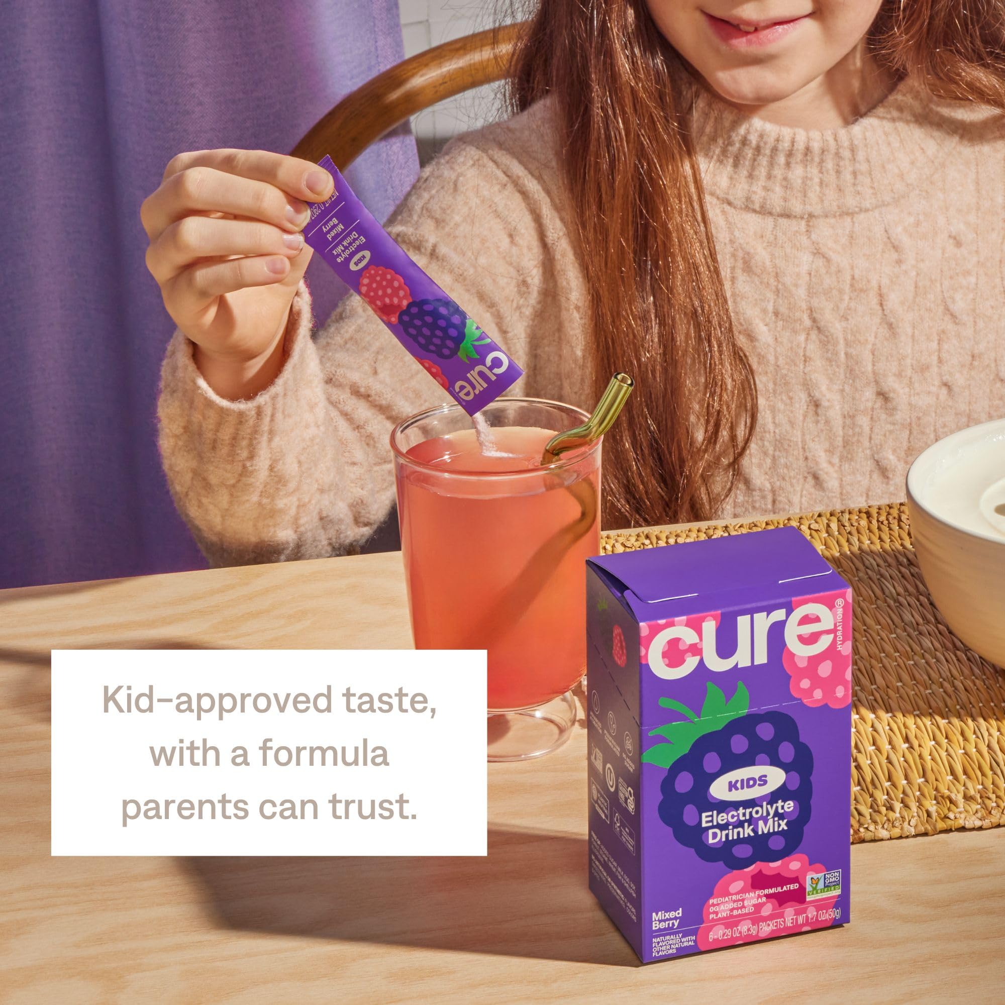 Cure Hydration etiqueta con certificaciones Non-GMO y sin gluten visibles