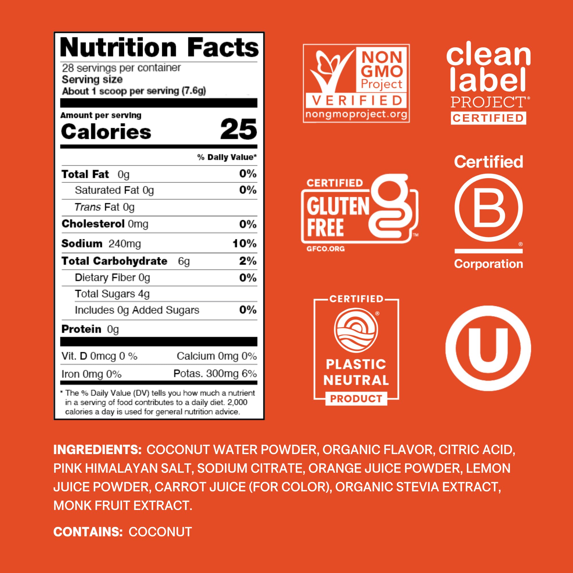 Cure Hydration textura del polvo naranja, evidencia de ingredientes vegetales y mezcla fácil
