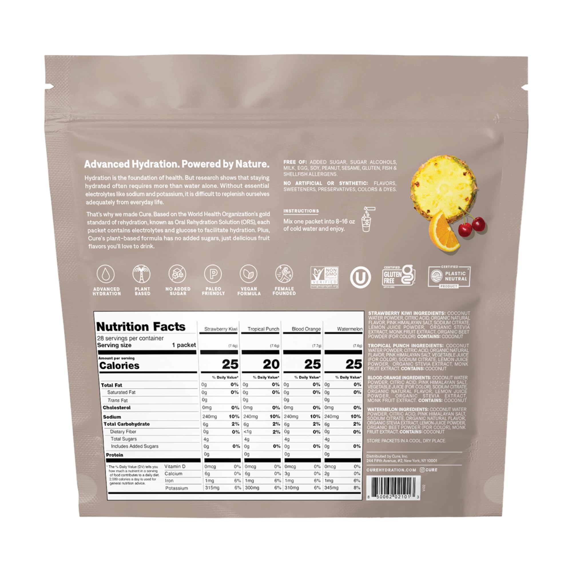 Cure Hydration textura del polvo a base de coco y jugo real, mezcla natural