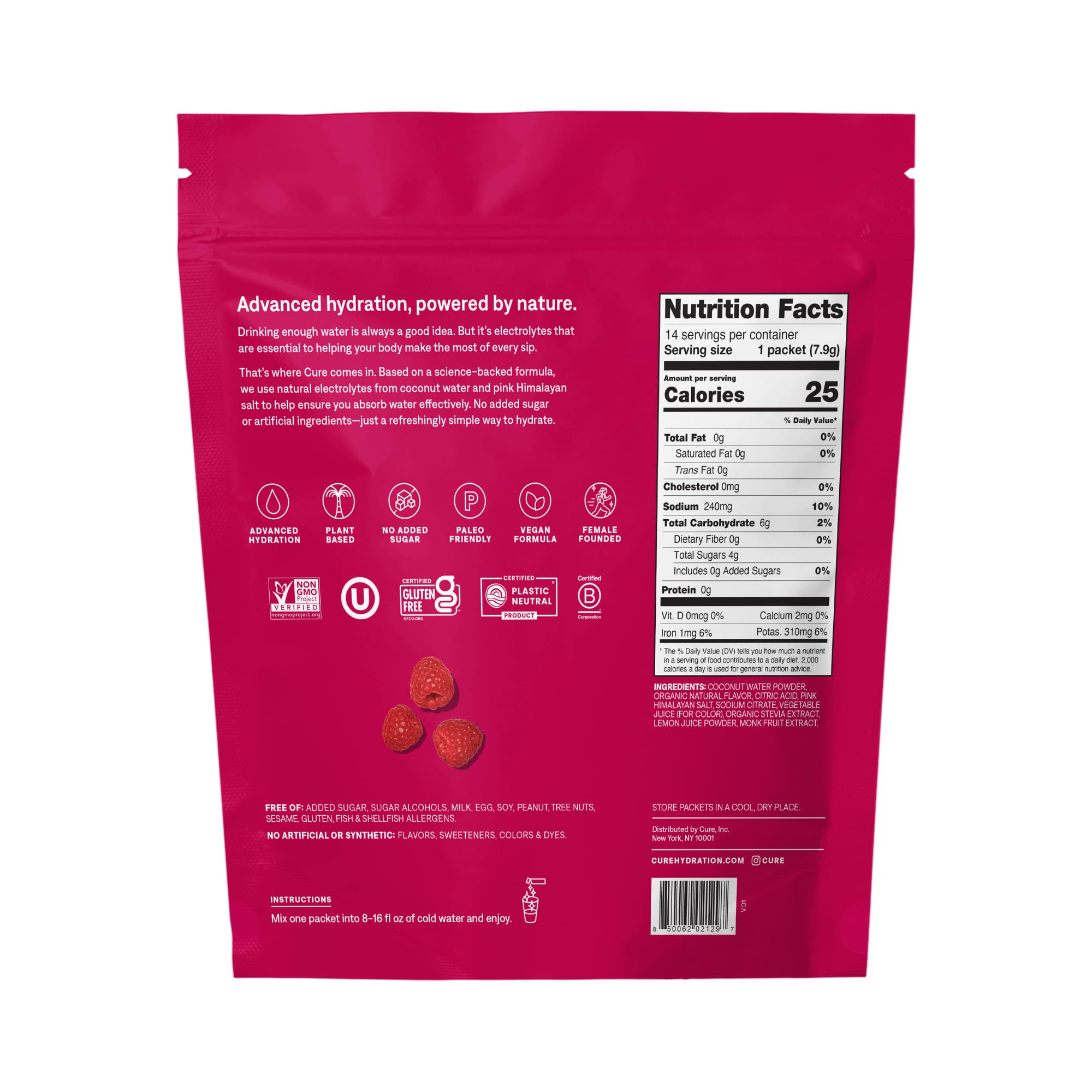Cure Hydration sobre abierto con polvo rosa, detalle de textura fácil disolución
