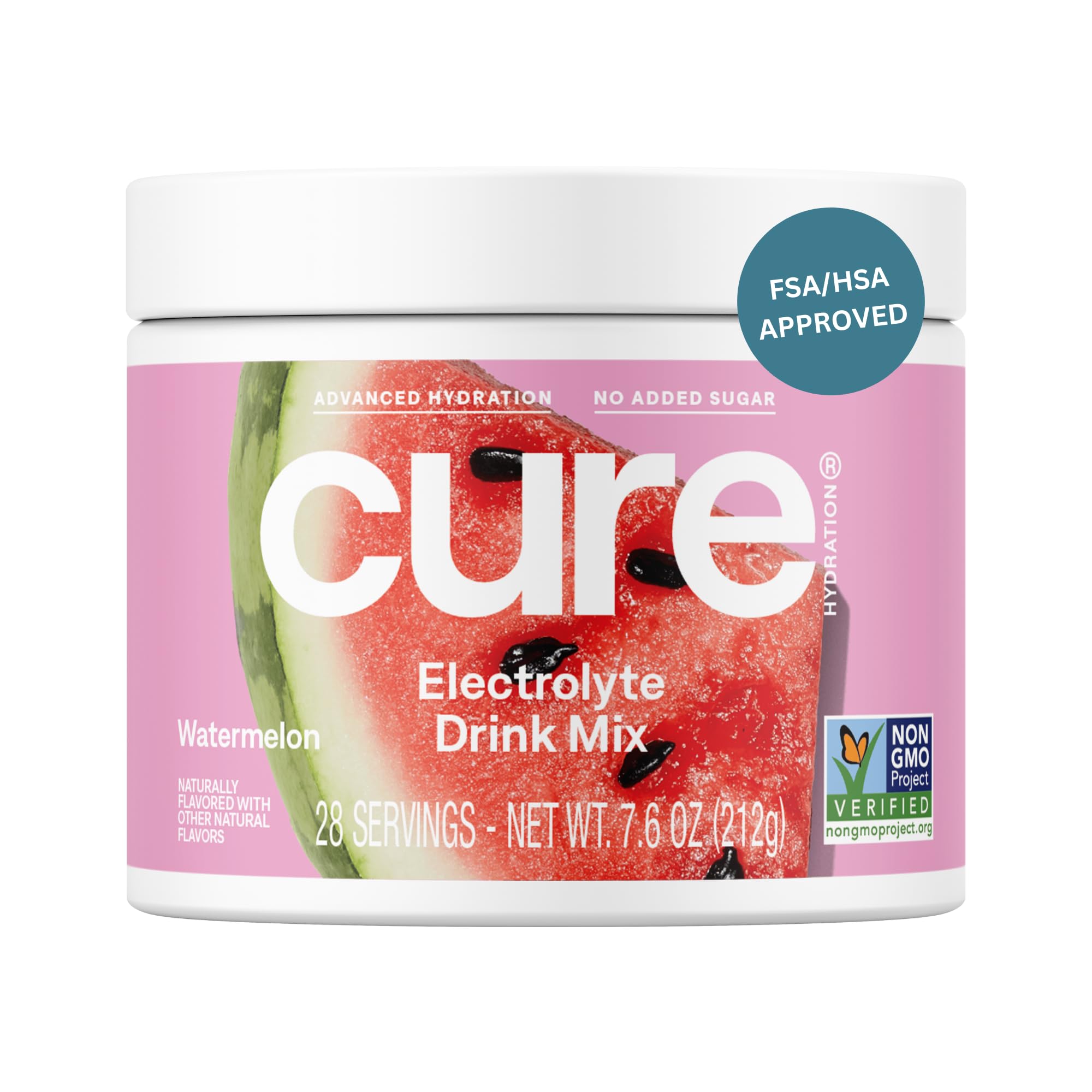 Cure Hydration frasco frontal mostrando 28 porciones y beneficio de rehidratación rápida