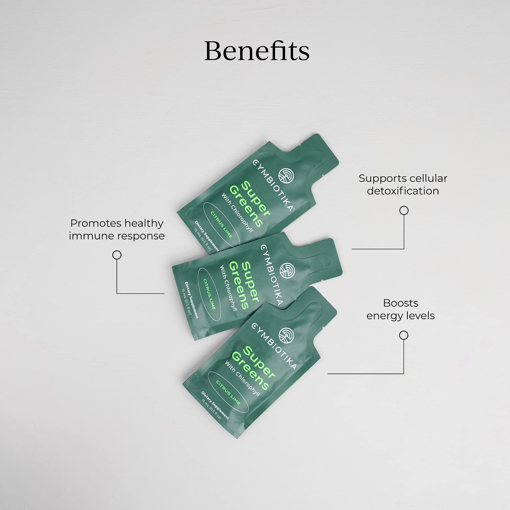 CYMBIOTIKA sobre abierto con líquido verde, textura visible y fácil consumo