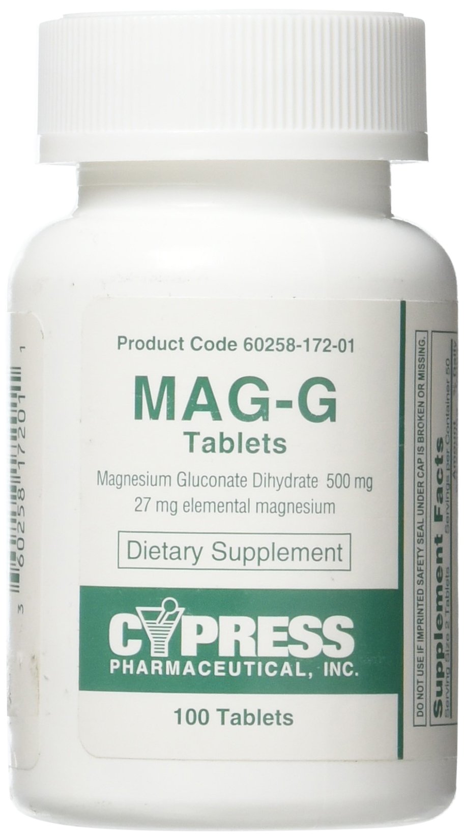 CYPRESS PHARMA frasco Mag-G 100 tabletas mostrando etiqueta y duración