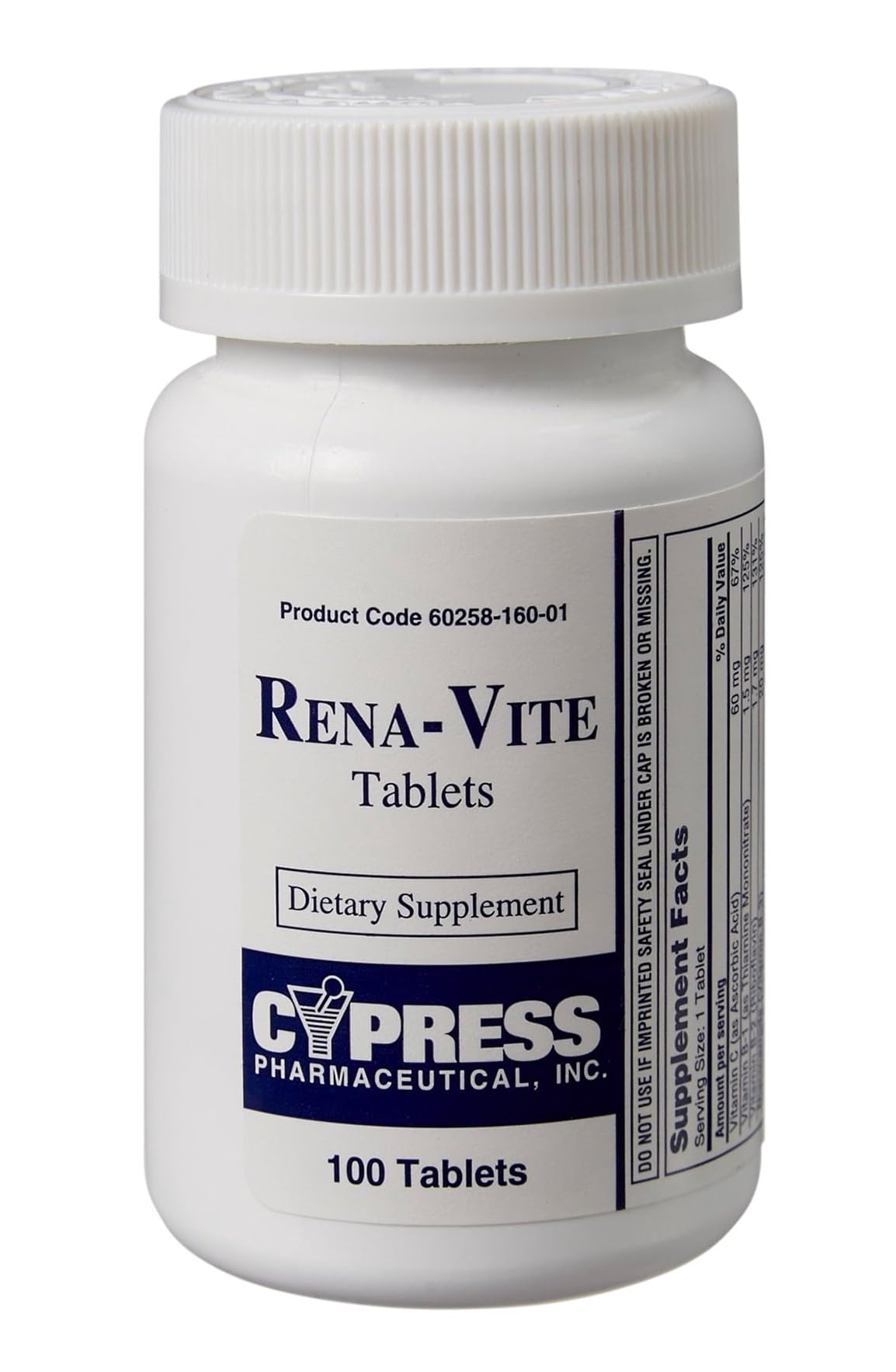 Cypress Pharmaceutical frasco frontal de Rena-Vite mostrando la etiqueta y contenido útil