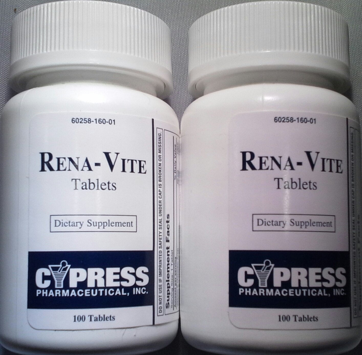 Cypress Pharmaceutical Rena-Vite frasco frontal con etiqueta clara y beneficios de reposición