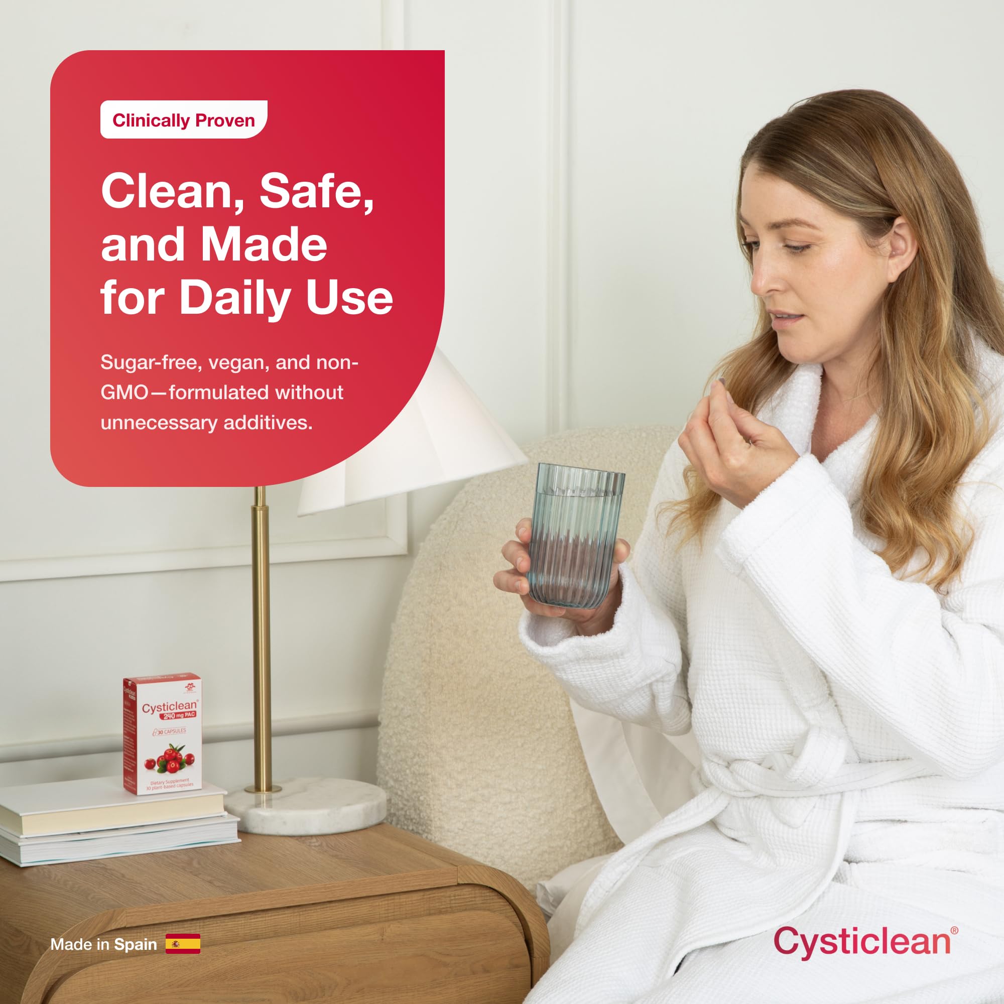Cysticlean en baño lifestyle sugiriendo uso regular y comodidad