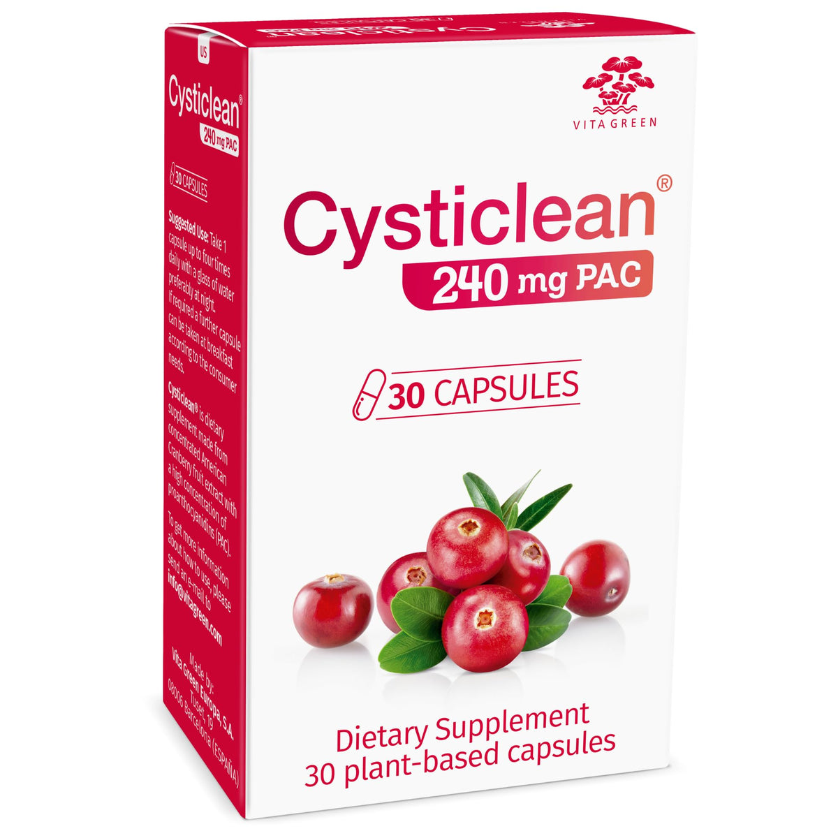 Cysticlean vista frontal del paquete mostrando concentración 240 mg PAC