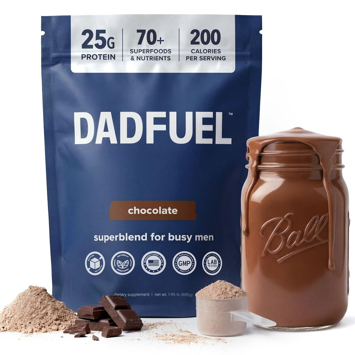 DADFUEL frasco delantero mostrando diseño y beneficios del producto