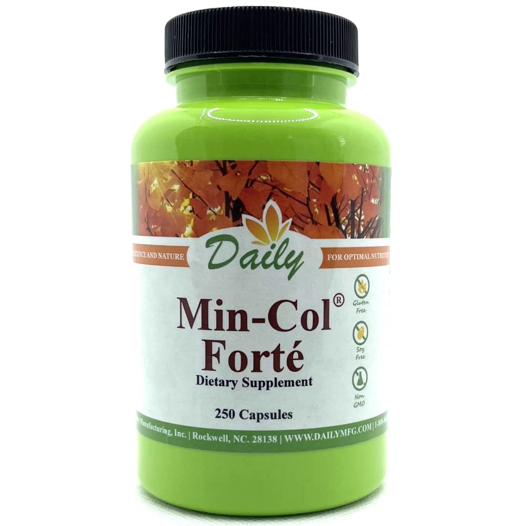 Daily Manufacturing Min-Col® Forte frasco frontal mostrando 250 cápsulas y beneficios de mineralización