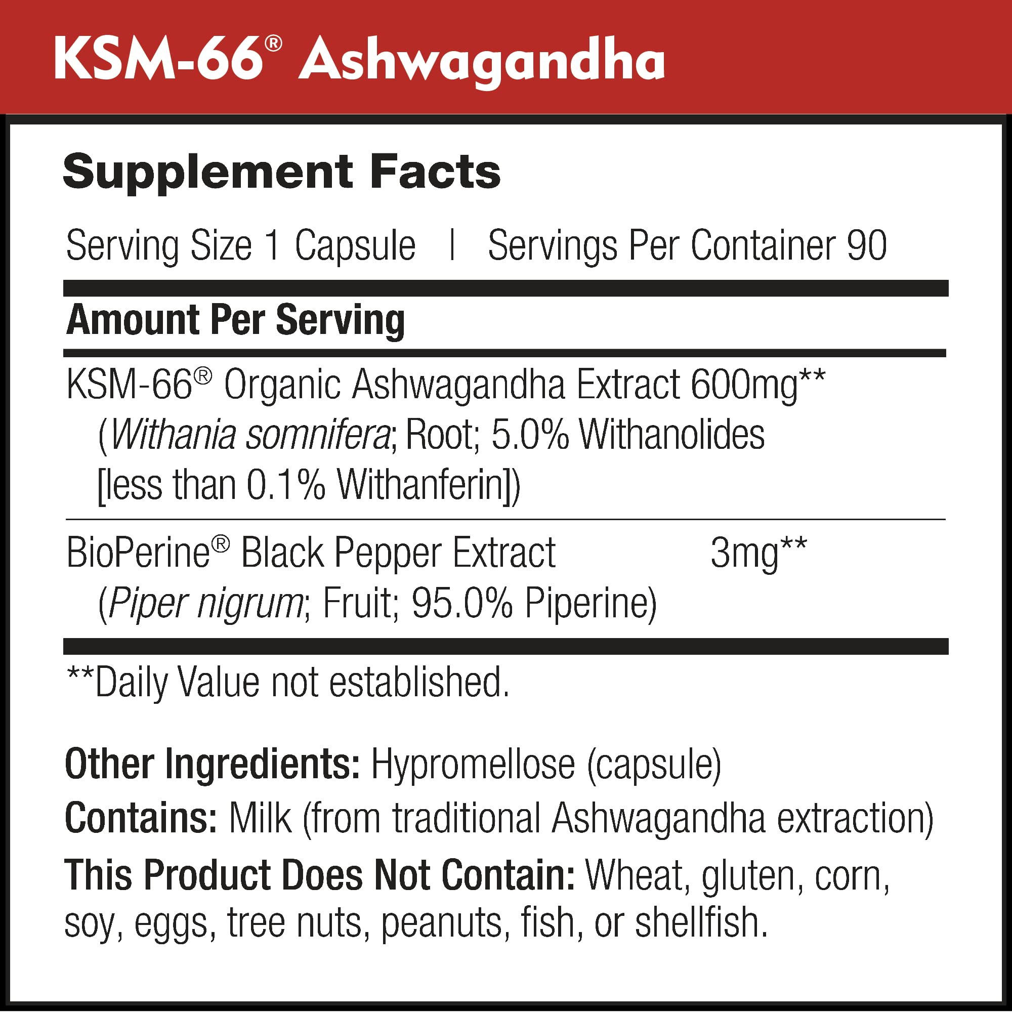 DailyNutra etiqueta nutricional en detalle mostrando 5% withanolides y Bioperine