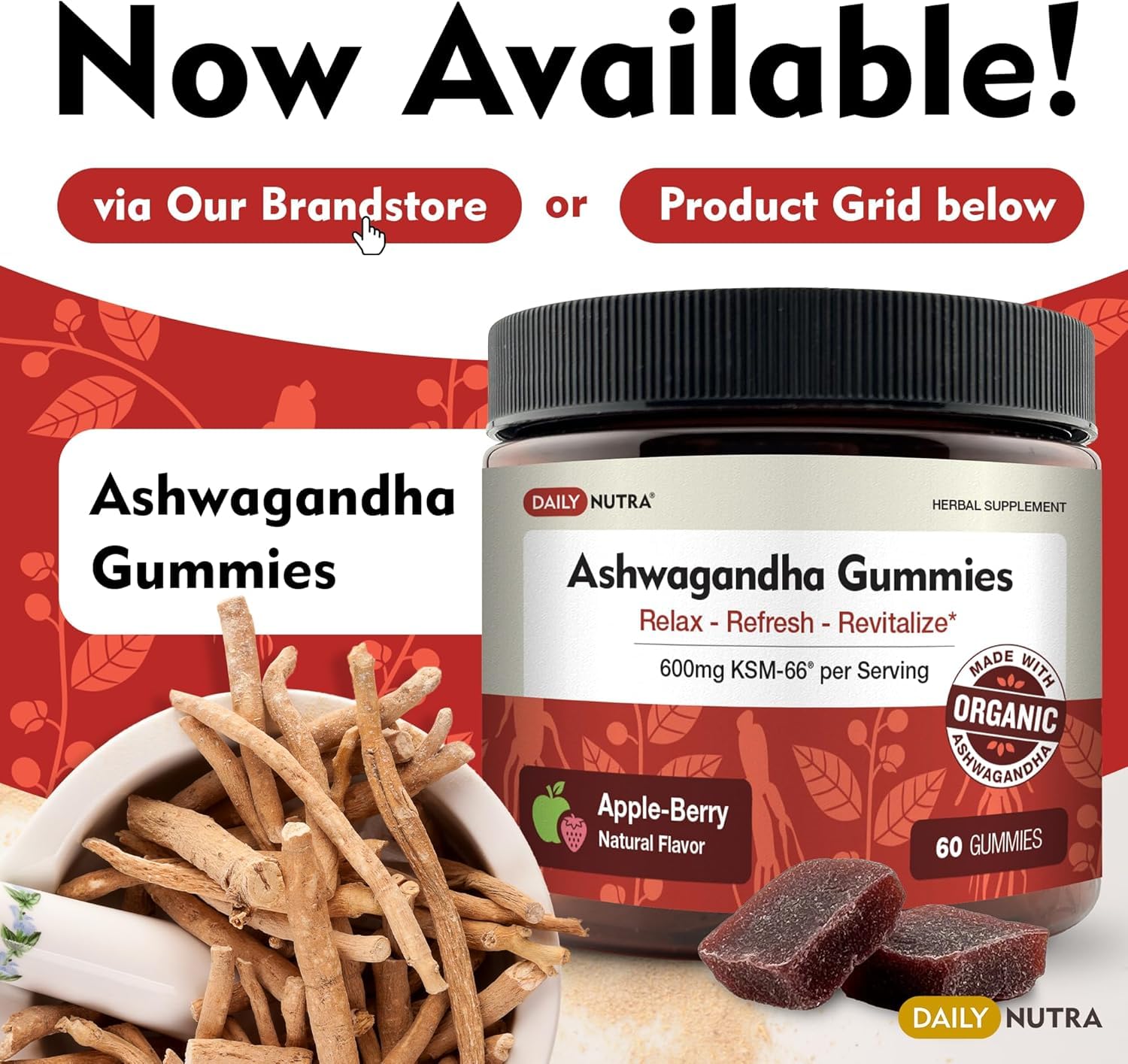 Raíz de ashwagandha natural junto al frasco DailyNutra, origen orgánico