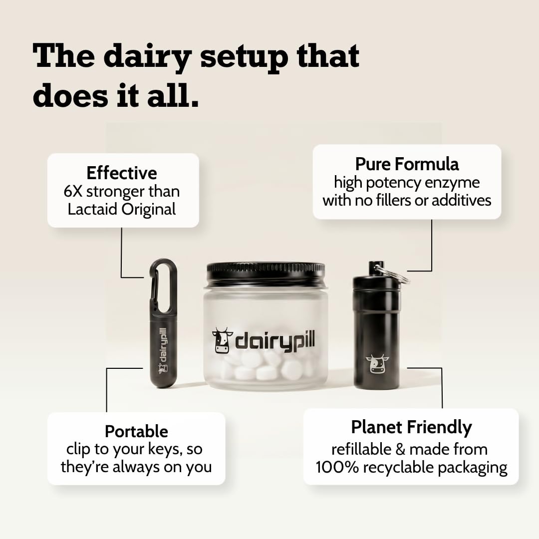 DairyPill frasco de vidrio reutilizable que protege las tabletas de lactasa