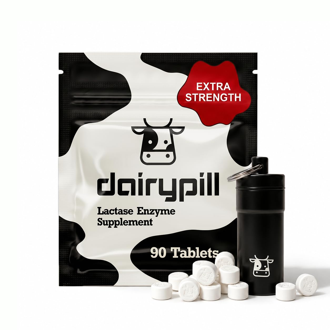 DairyPill frasco delantero mostrando 90 cápsulas y beneficio portátil