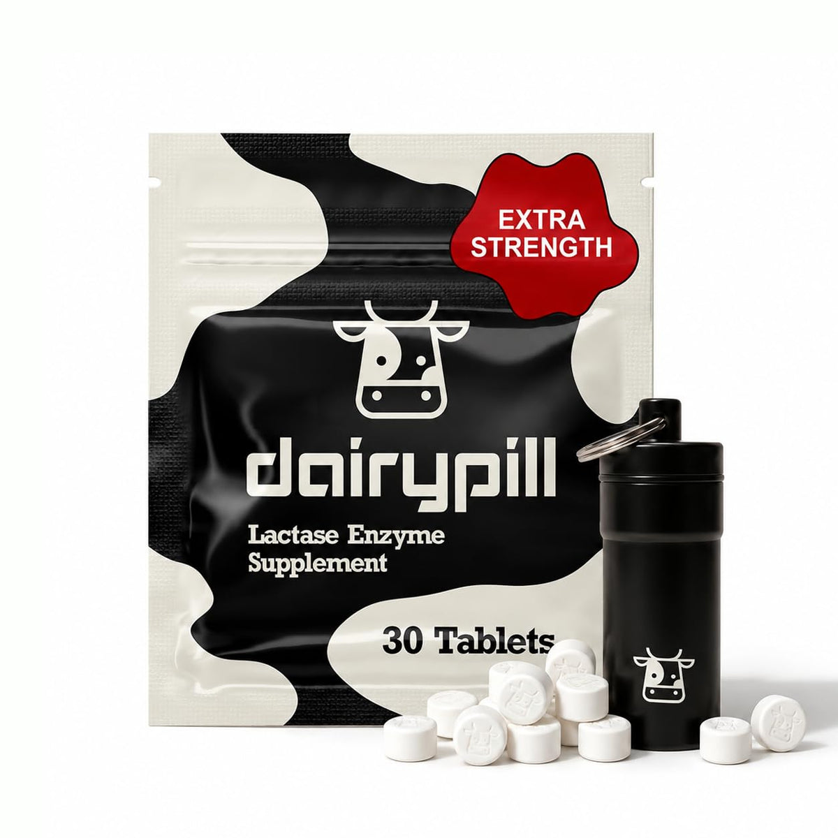 DairyPill envase frontal mostrando presentación y beneficio portátil