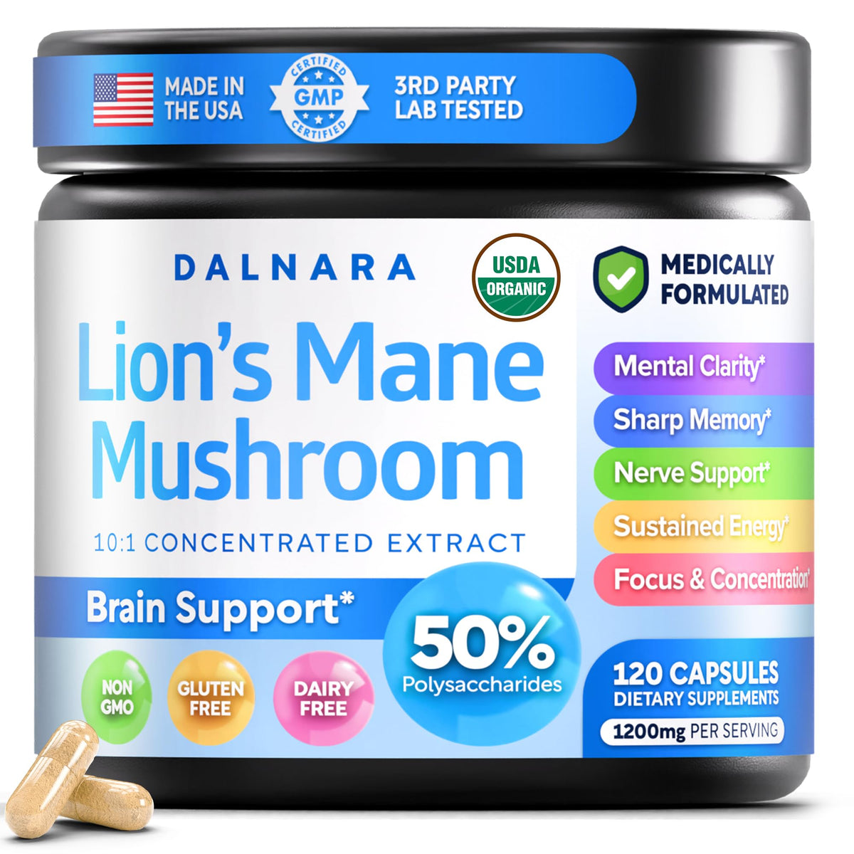 Dalnara frasco frontal de Lion's Mane mostrando etiqueta y beneficios claros