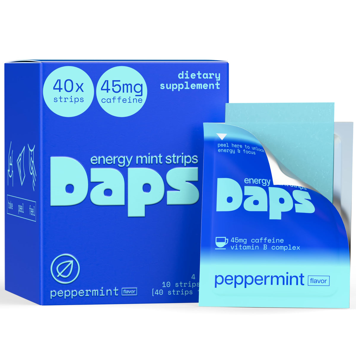 Daps Strips empaque frontal mostrando 40 tiras y beneficio portátil