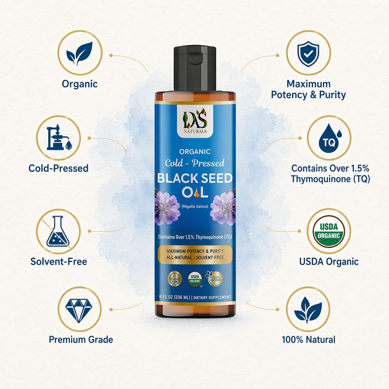 Das Naturals aceite en cuchara demostrando fluidez y aroma terroso, beneficio: fácil dosificación