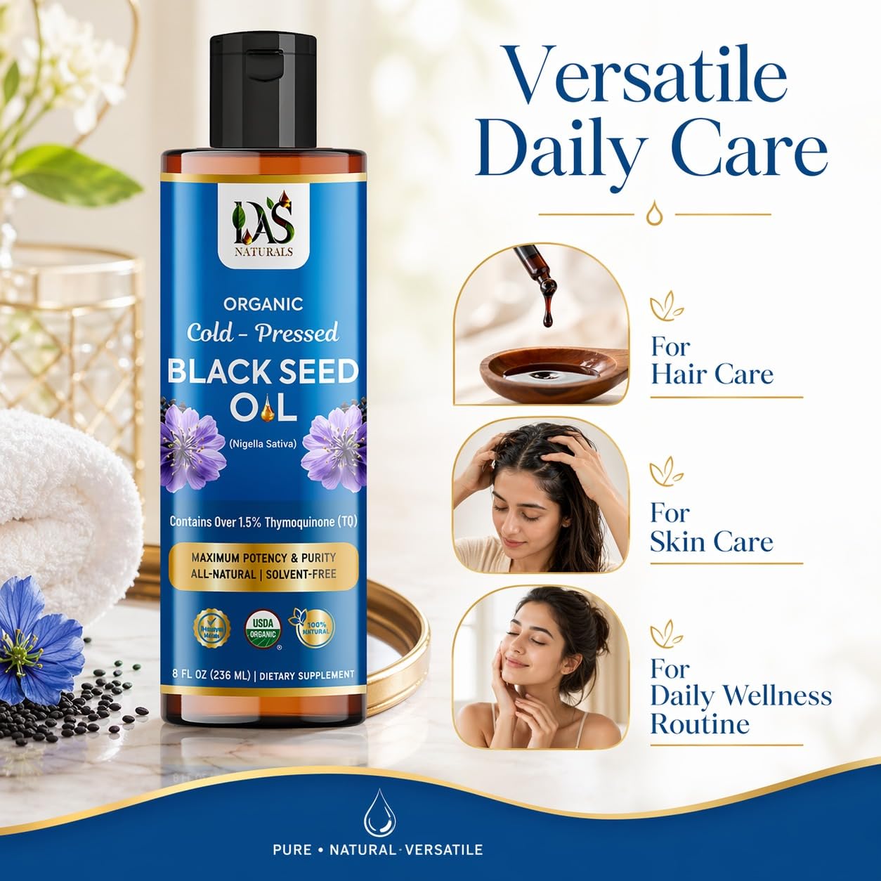 Das Naturals botella junto a semillas de nigella sativa, beneficio: origen natural evidente