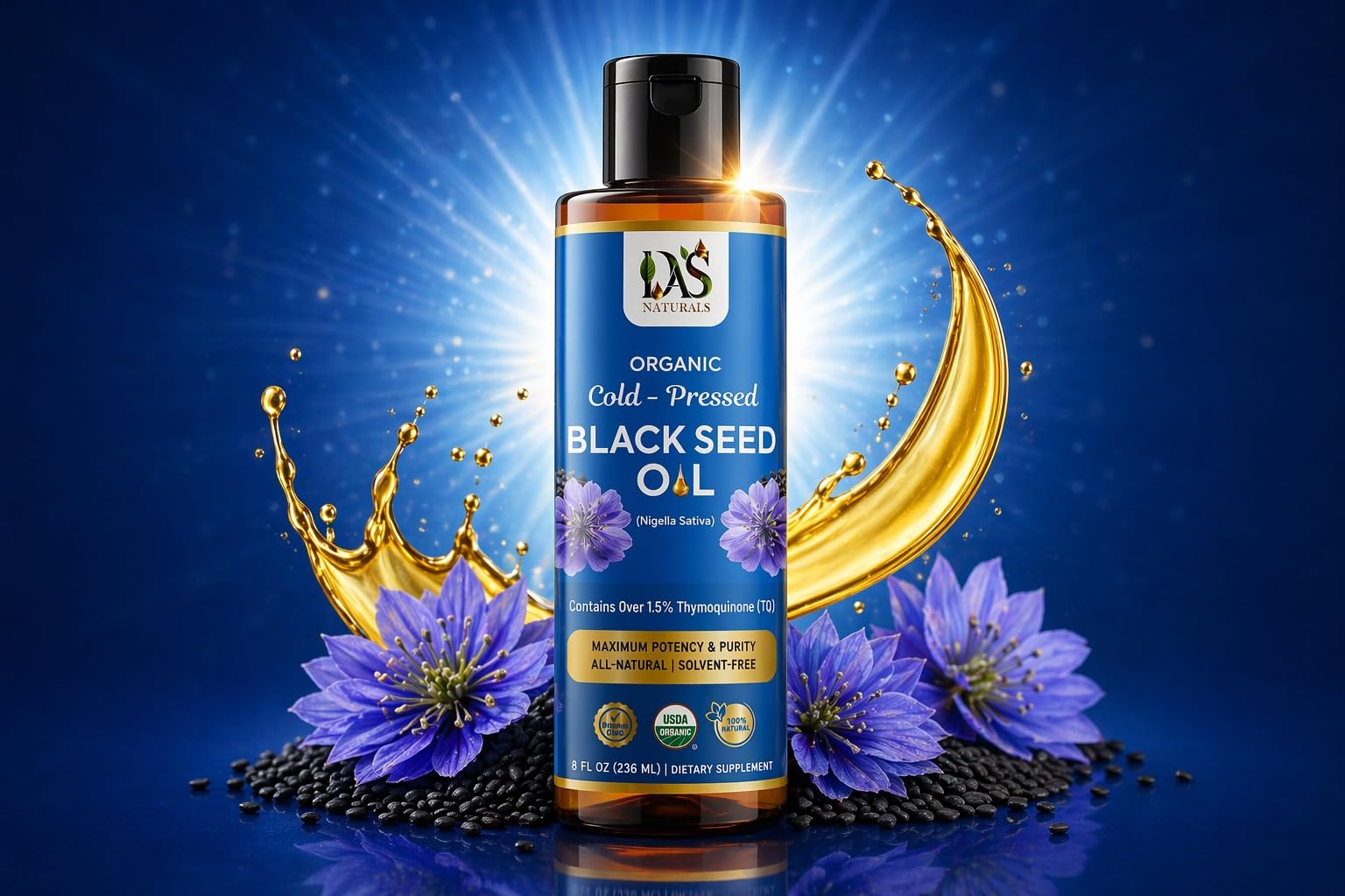 Das Naturals primer plano del aceite mostrando textura sedosa y color dorado, beneficio: pureza visible