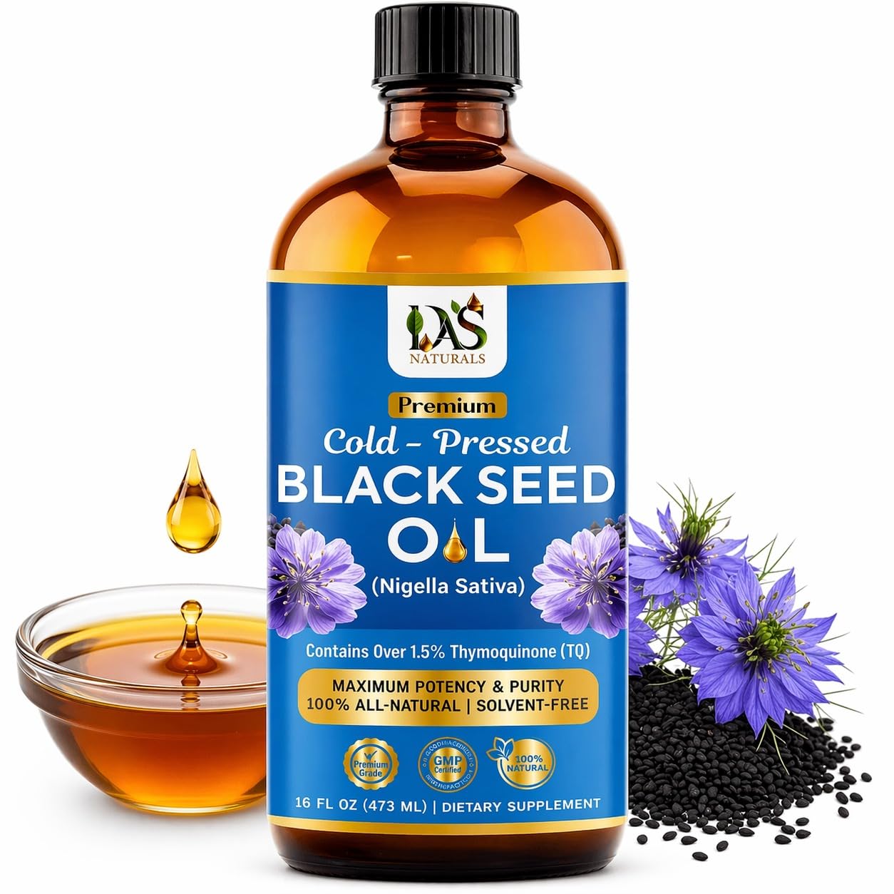 Das Naturals botella frontal mostrando el aceite y ventaja de calidad virgen