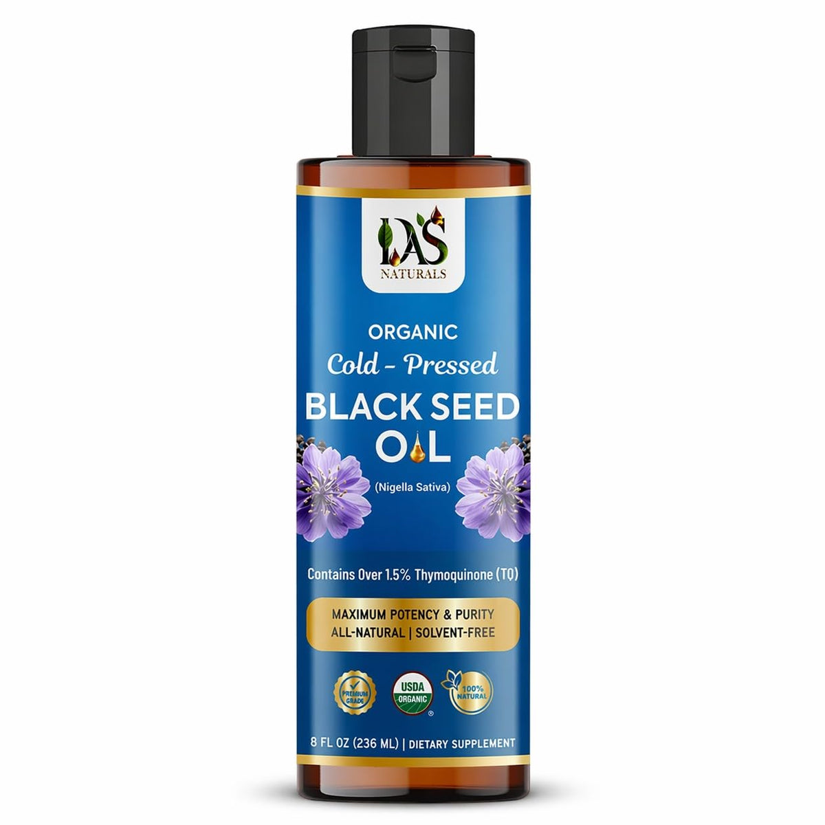 Das Naturals botella frontal mostrando etiqueta clara y tamaño 8 fl oz, beneficio: información transparente