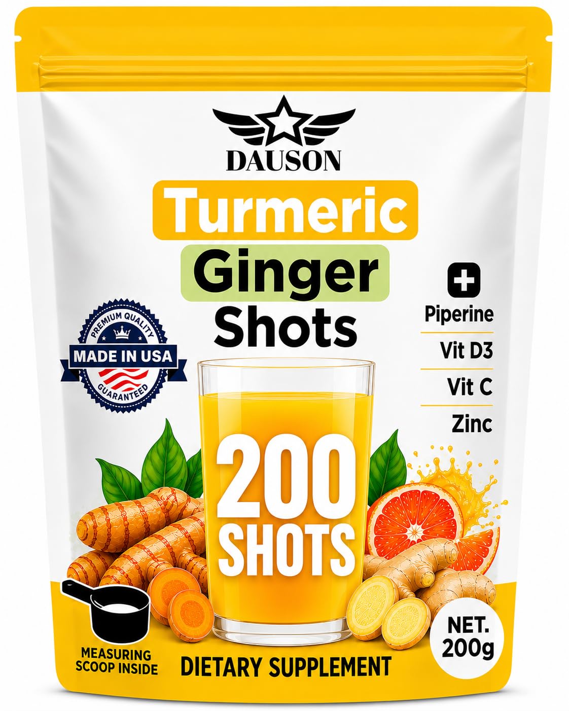 DAUSON envase frontal de Turmeric Shots mostrando diseño y tamaño
