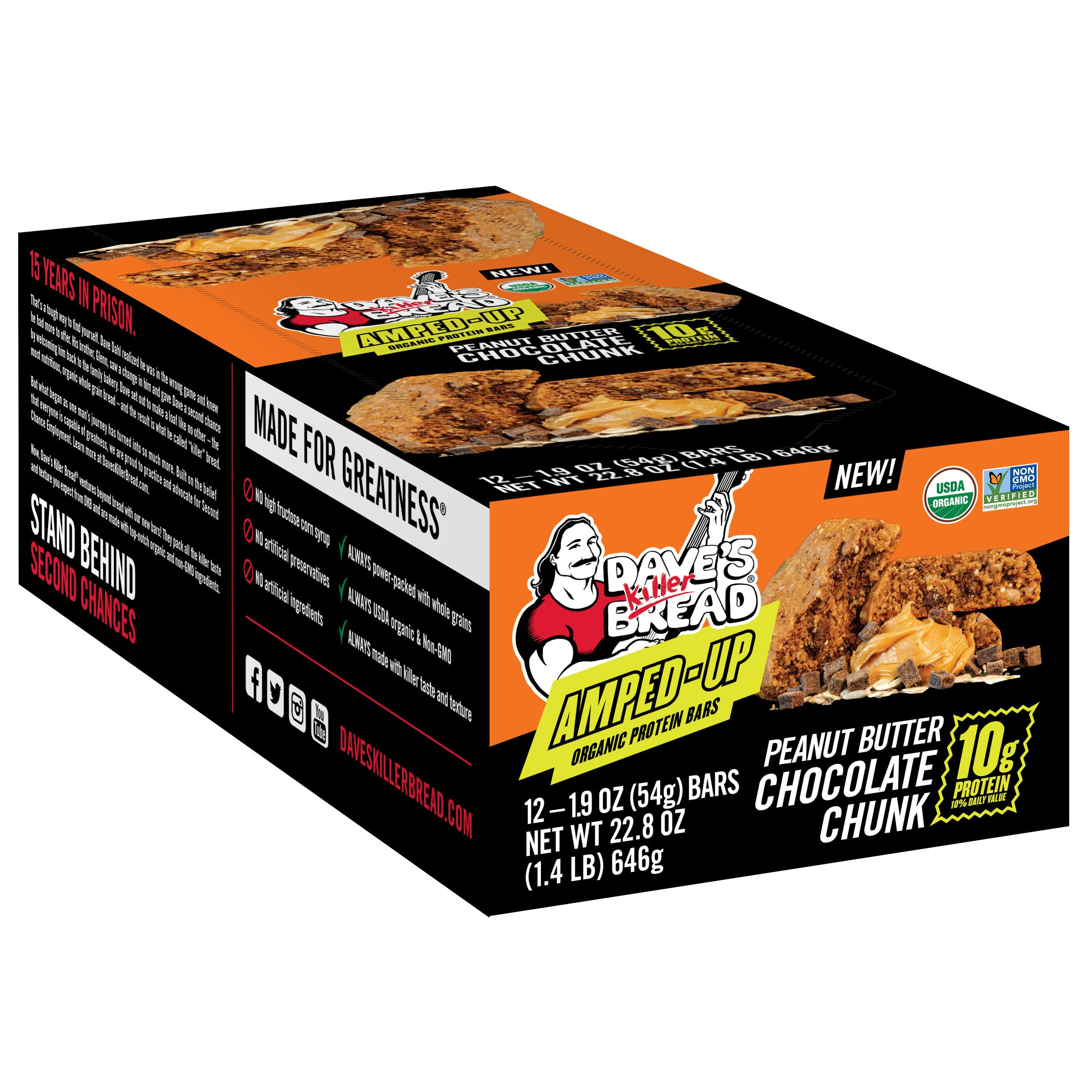 Dave's Killer Bread barra en mochila junto a café, imagen de estilo de vida y energía portátil