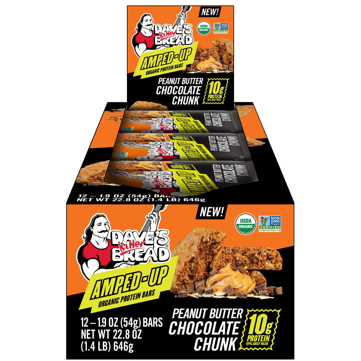 Dave's Killer Bread frente del empaque mostrando 12 barras, conveniencia y sello orgánico