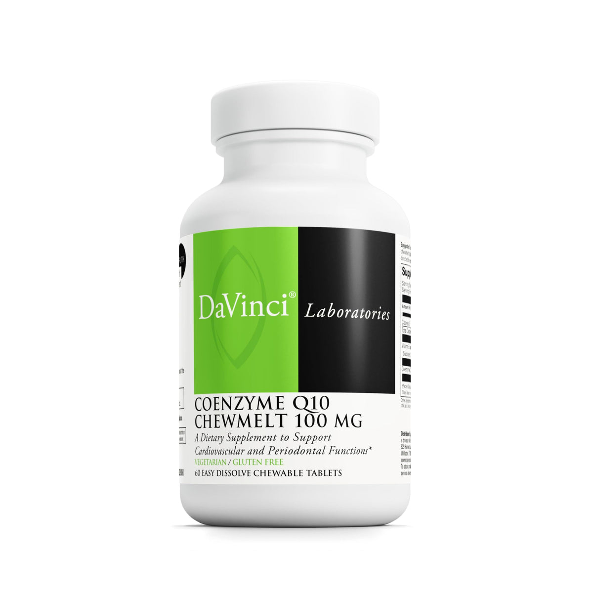 DAVINCI frasco frontal de Coenzyme Q10 Chewmelt mostrando etiqueta y 60 tabletas, conveniencia diaria