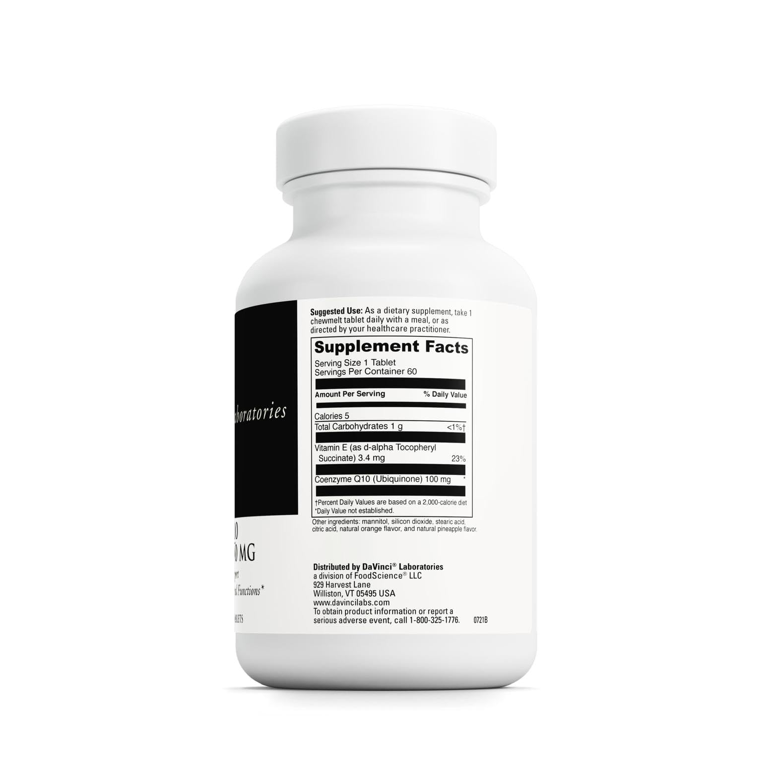 DAVINCI primer plano de tabletas masticables naranja, detalle de forma y recubrimiento para fácil ingestión