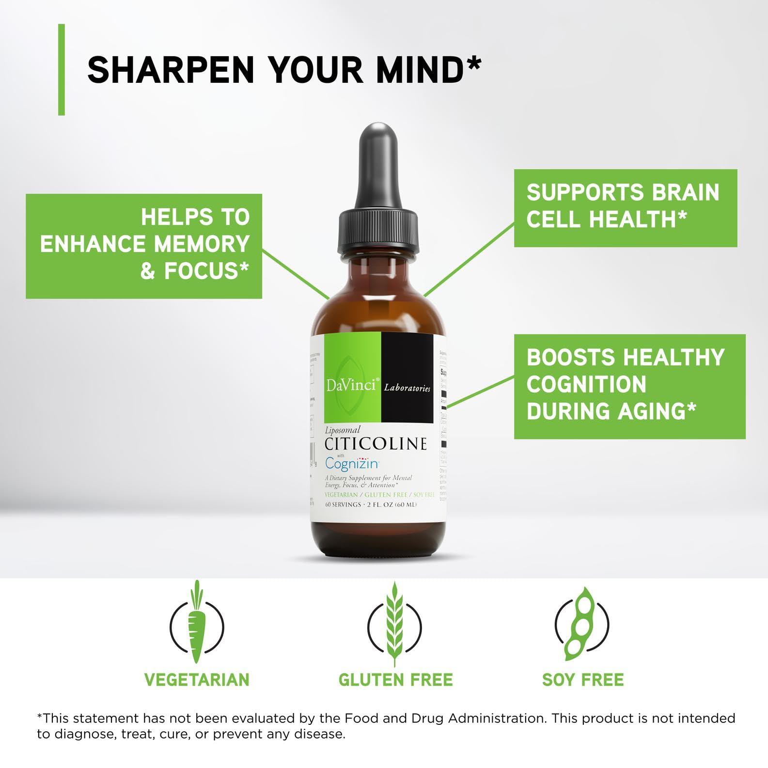 DaVinci etiqueta con ingredientes clave y origen Cognizin beneficioso