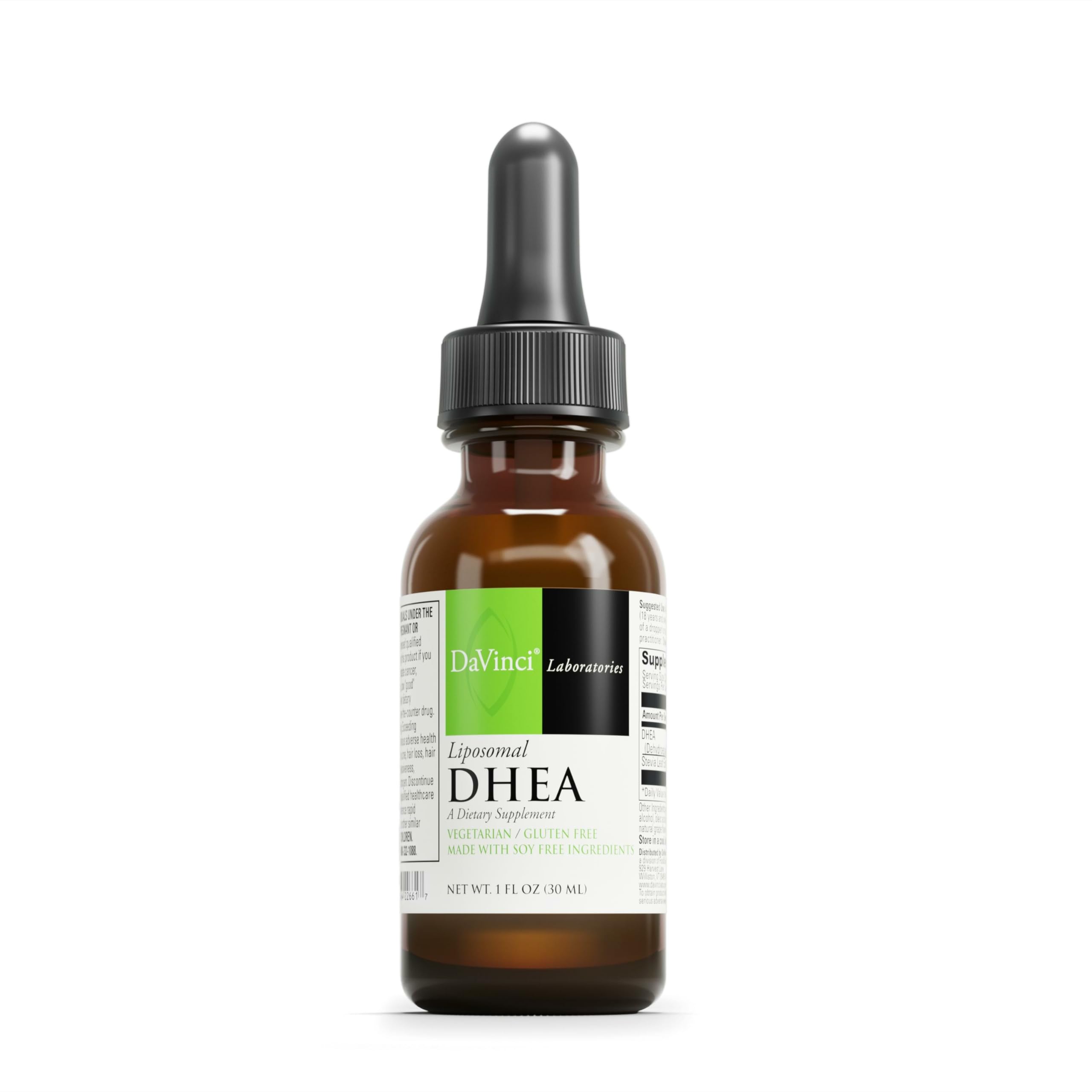 DAVINCI frasco frontal del Liposomal DHEA mostrando presentación 30 ml y facilidad de uso