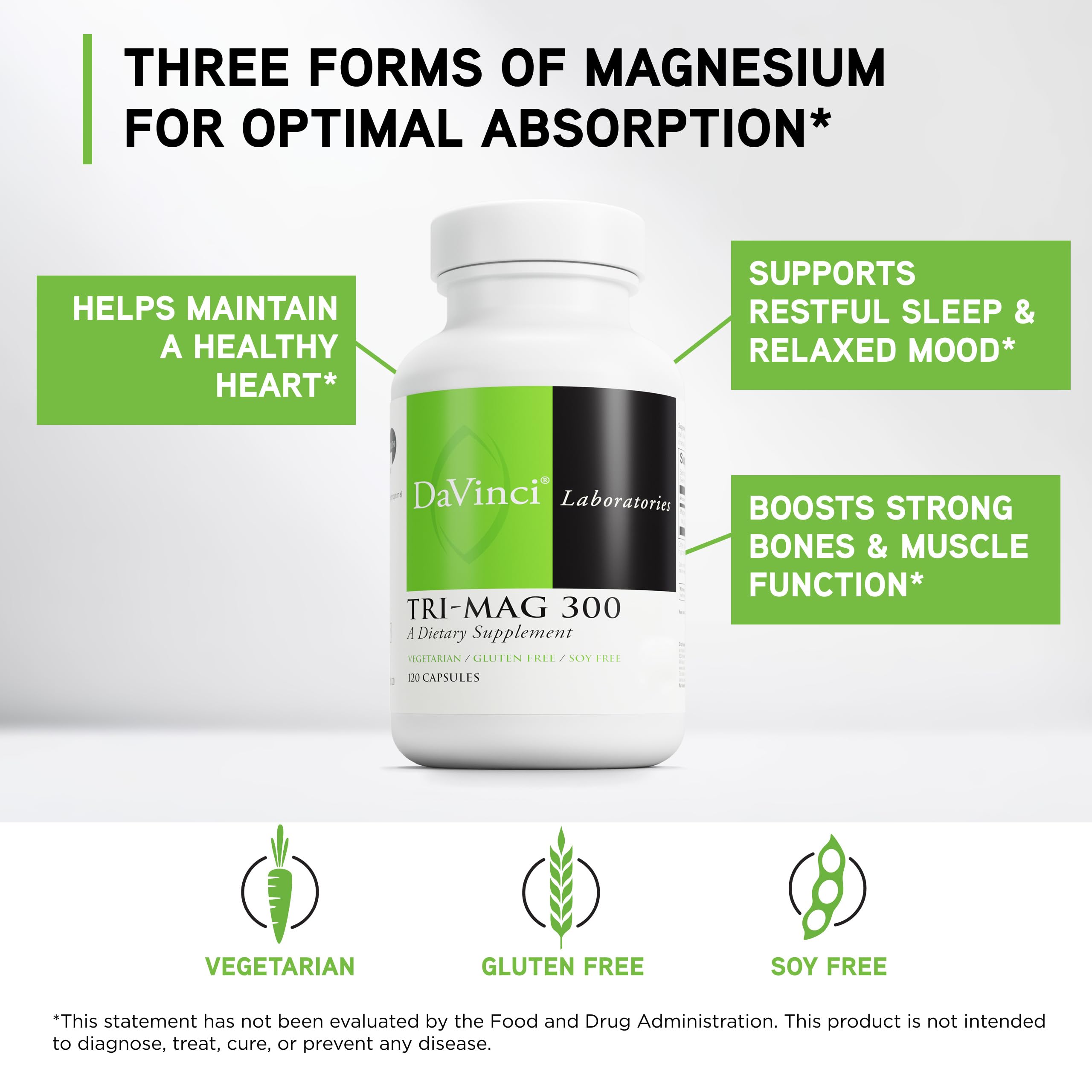 DAVINCI Tri-Mag 300 etiqueta nutricional con información clara de formas de magnesio