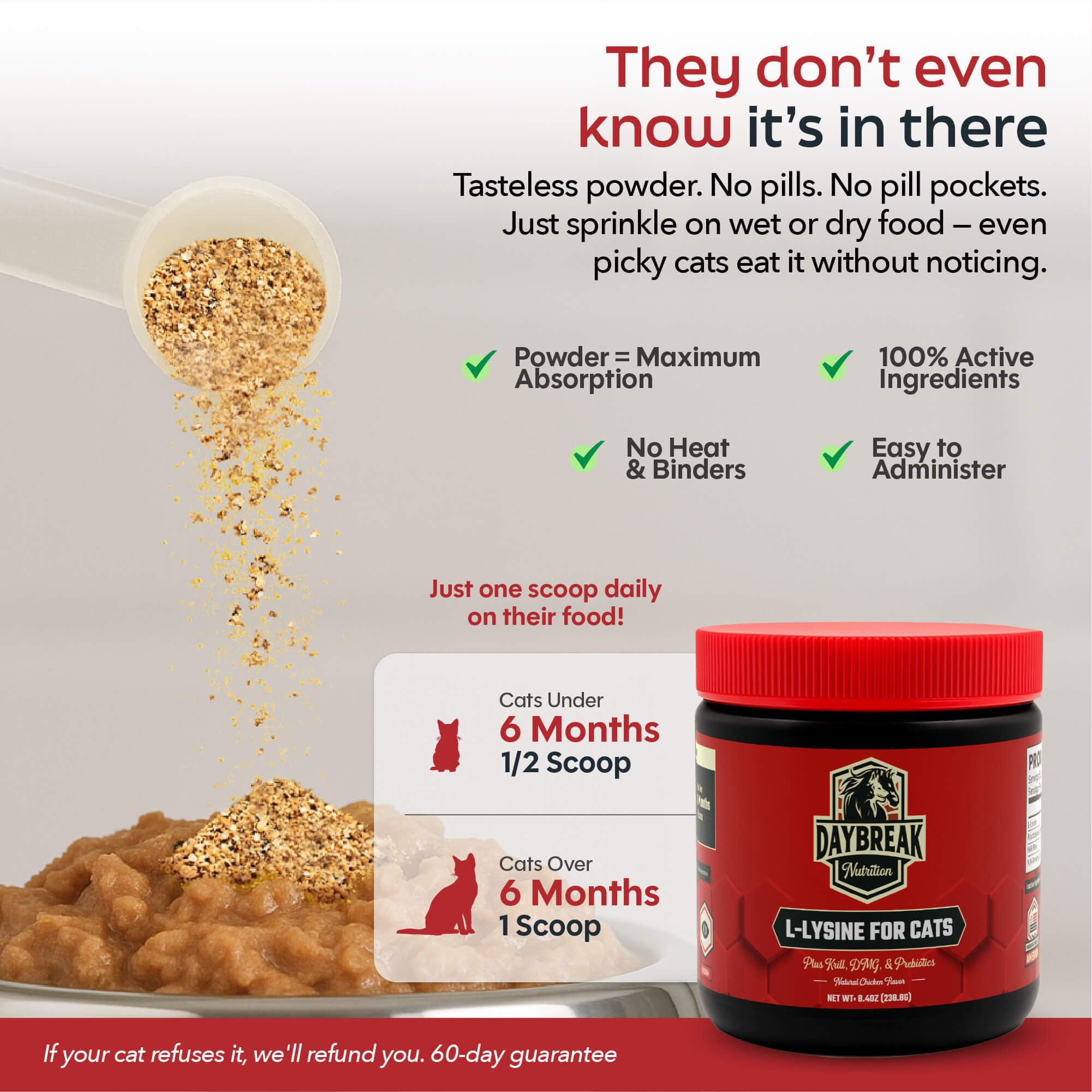 Daybreak Nutrition comparación de tamaño con cuchara para control dosis
