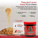 Daybreak Nutrition comparación de tamaño del envase y la cuchara informativa