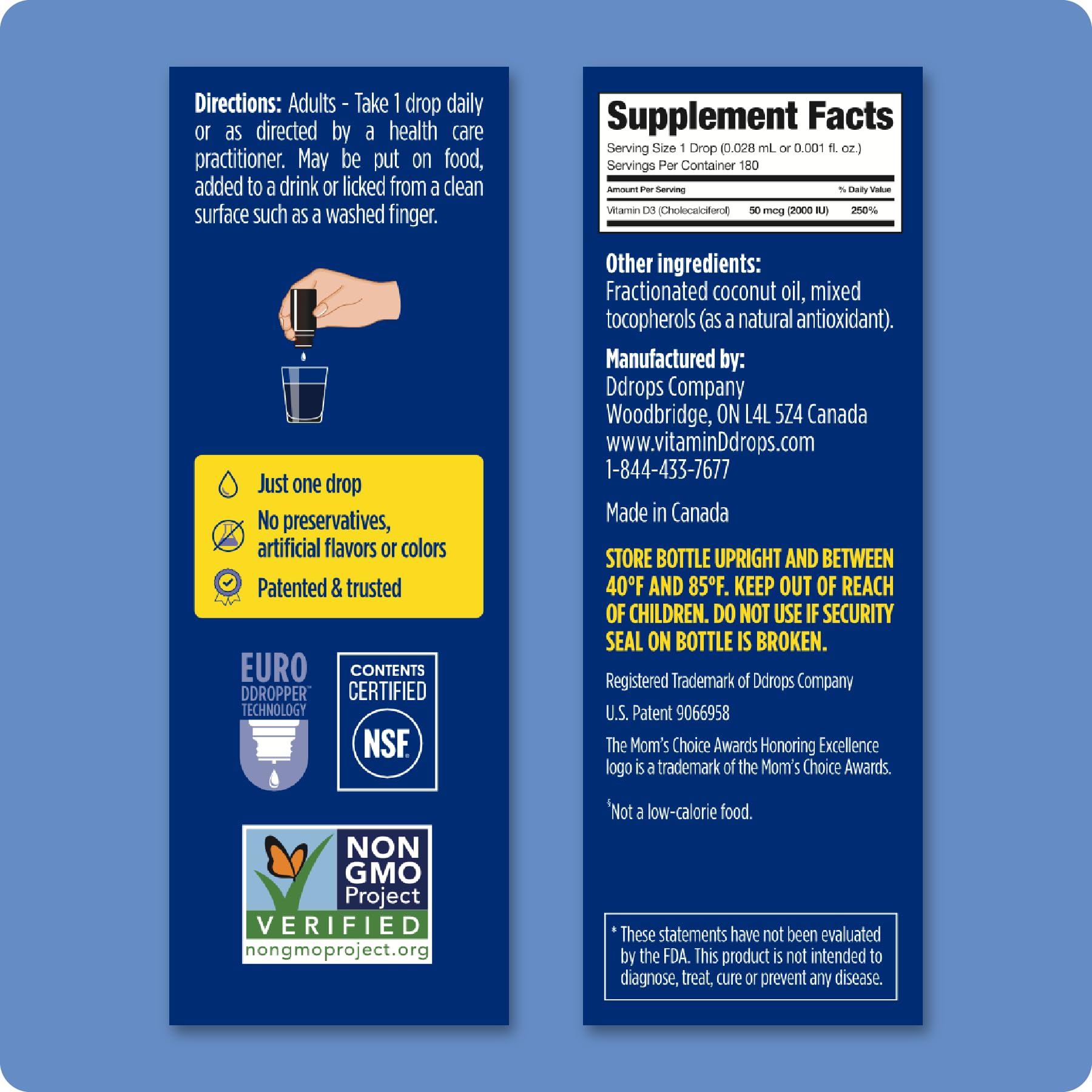 Ddrops Adults detalle de la etiqueta leyendo ingredientes y 180 gotas