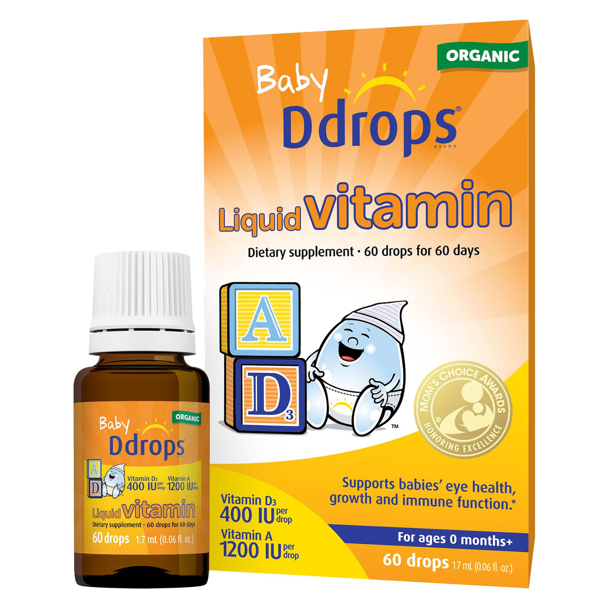 Ddrops botella frontal mostrando etiqueta orgánica y fácil dosificación