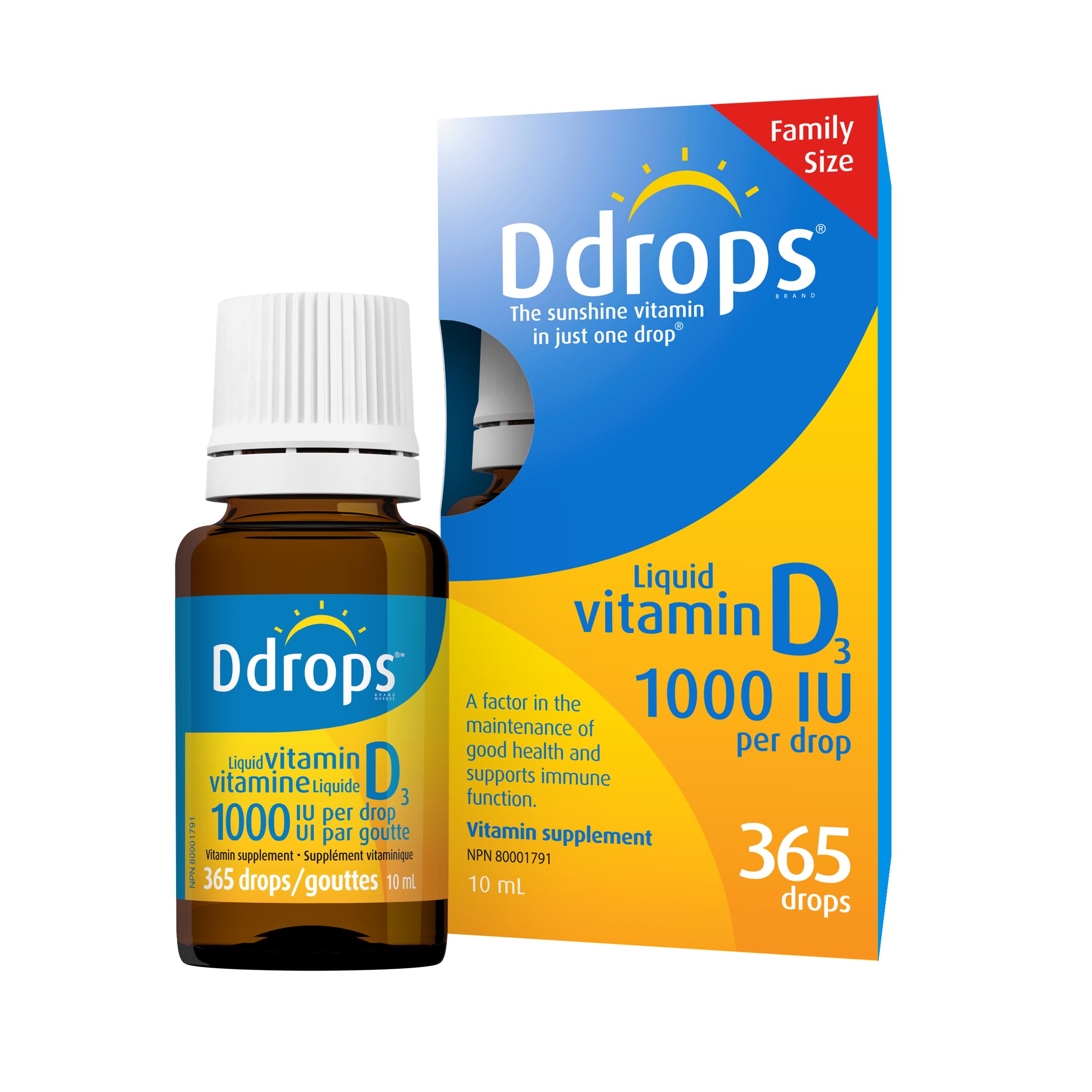 Ddrops frente del envase mostrando botella y etiqueta clara, beneficio de dosis precisa