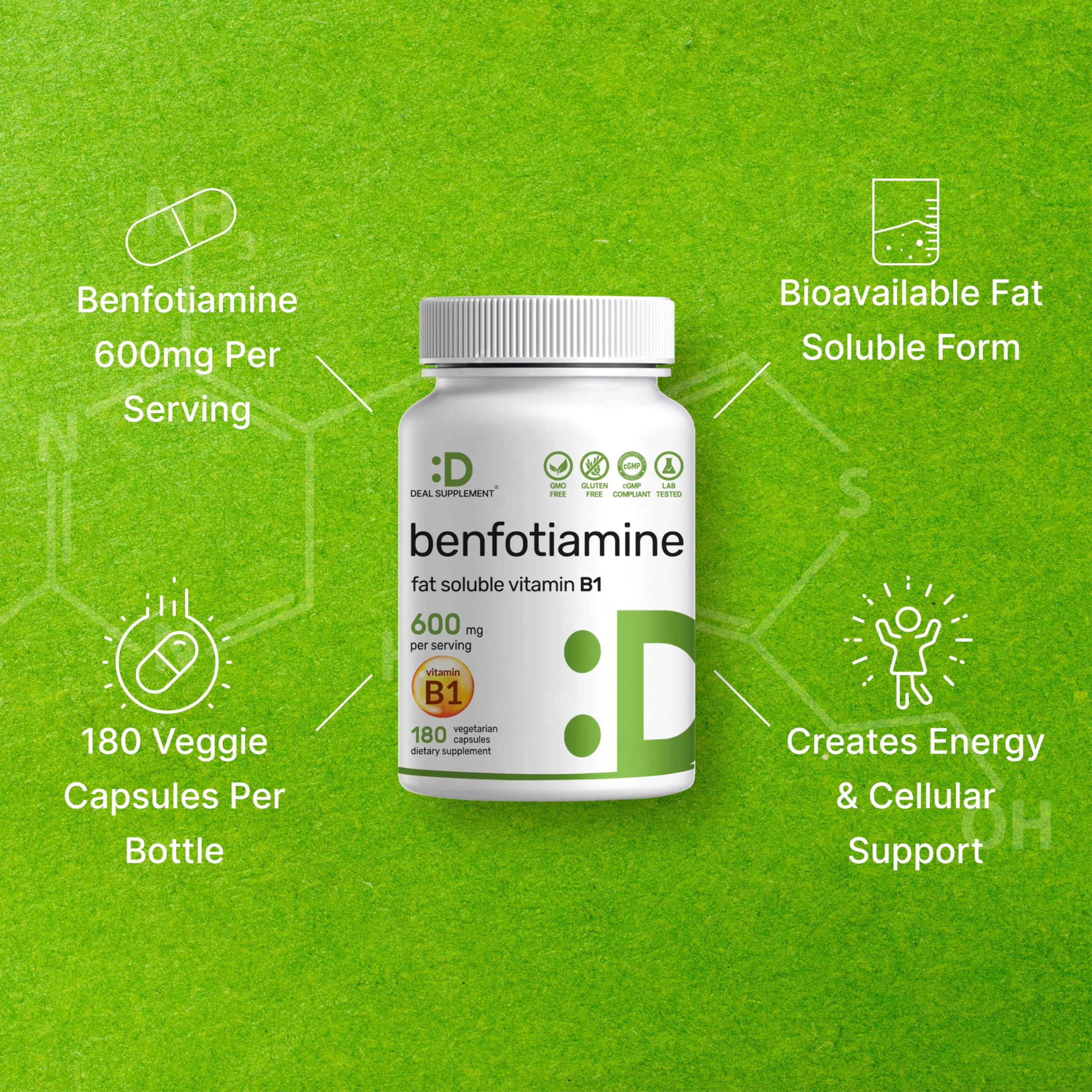 DEAL SUPPLEMENT etiqueta con información nutricional y tres pruebas de laboratorio