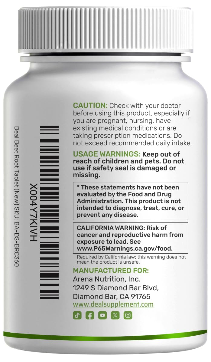 DEAL SUPPLEMENT etiqueta con información nutricional y sellos de calidad legible