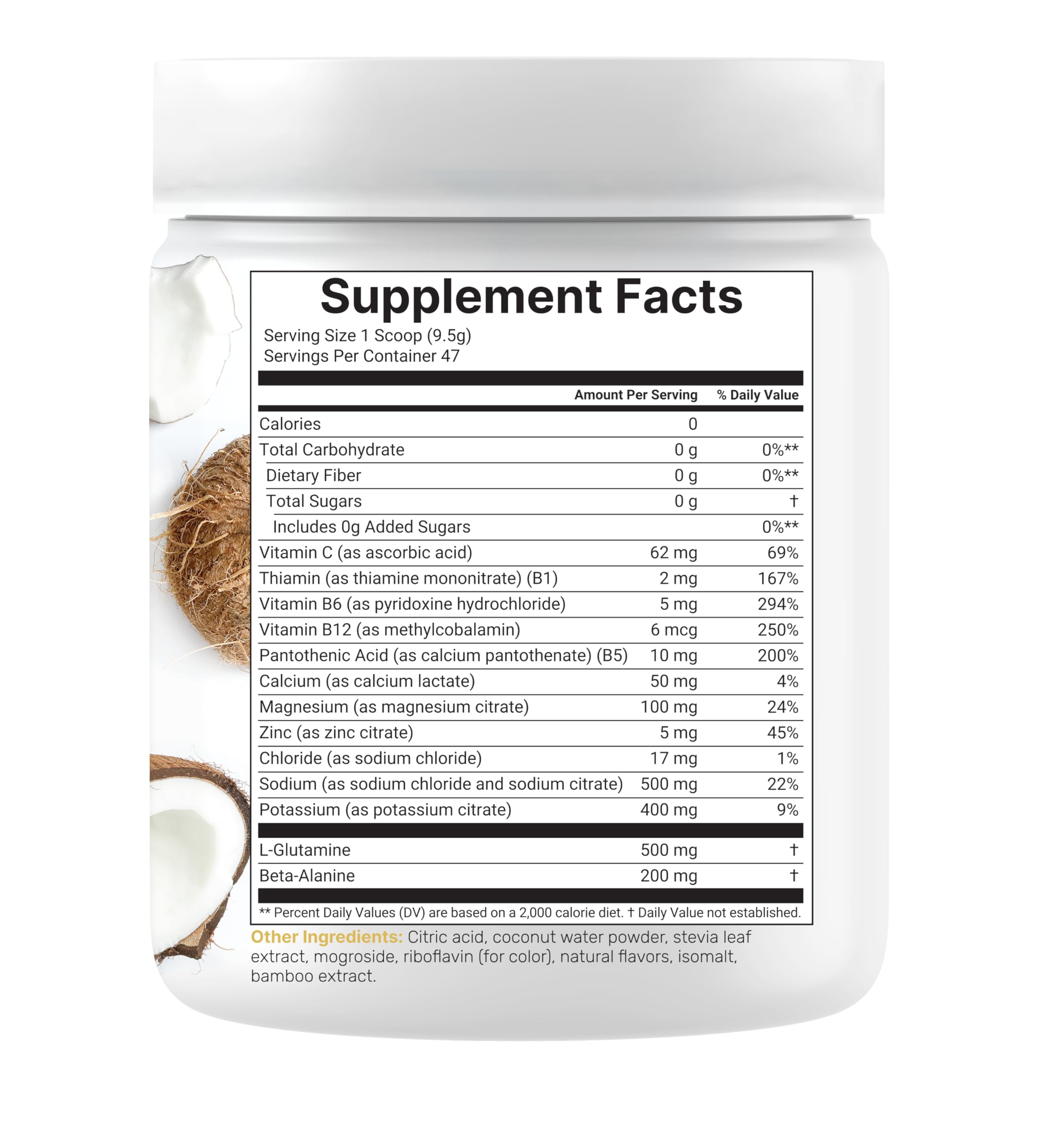 DEAL SUPPLEMENT etiqueta con información nutricional y lista de electrolitos, transparencia y calidad