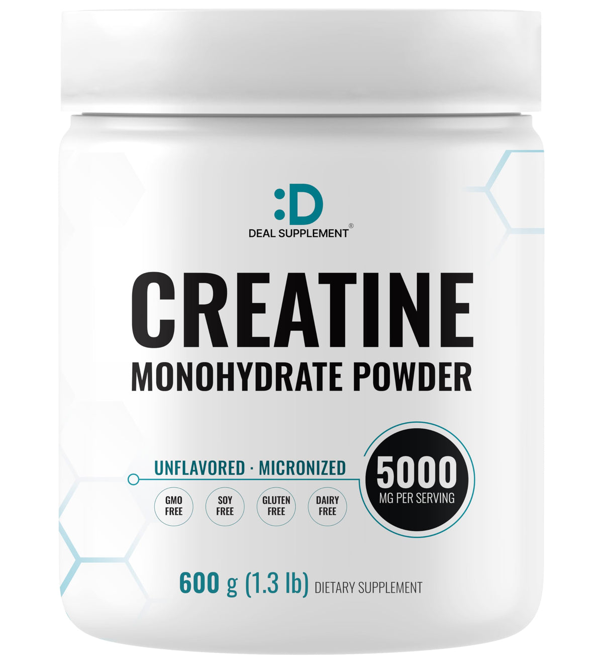 DEAL SUPPLEMENT frasco frontal mostrando 600 g y 120 servicios, claridad del envase