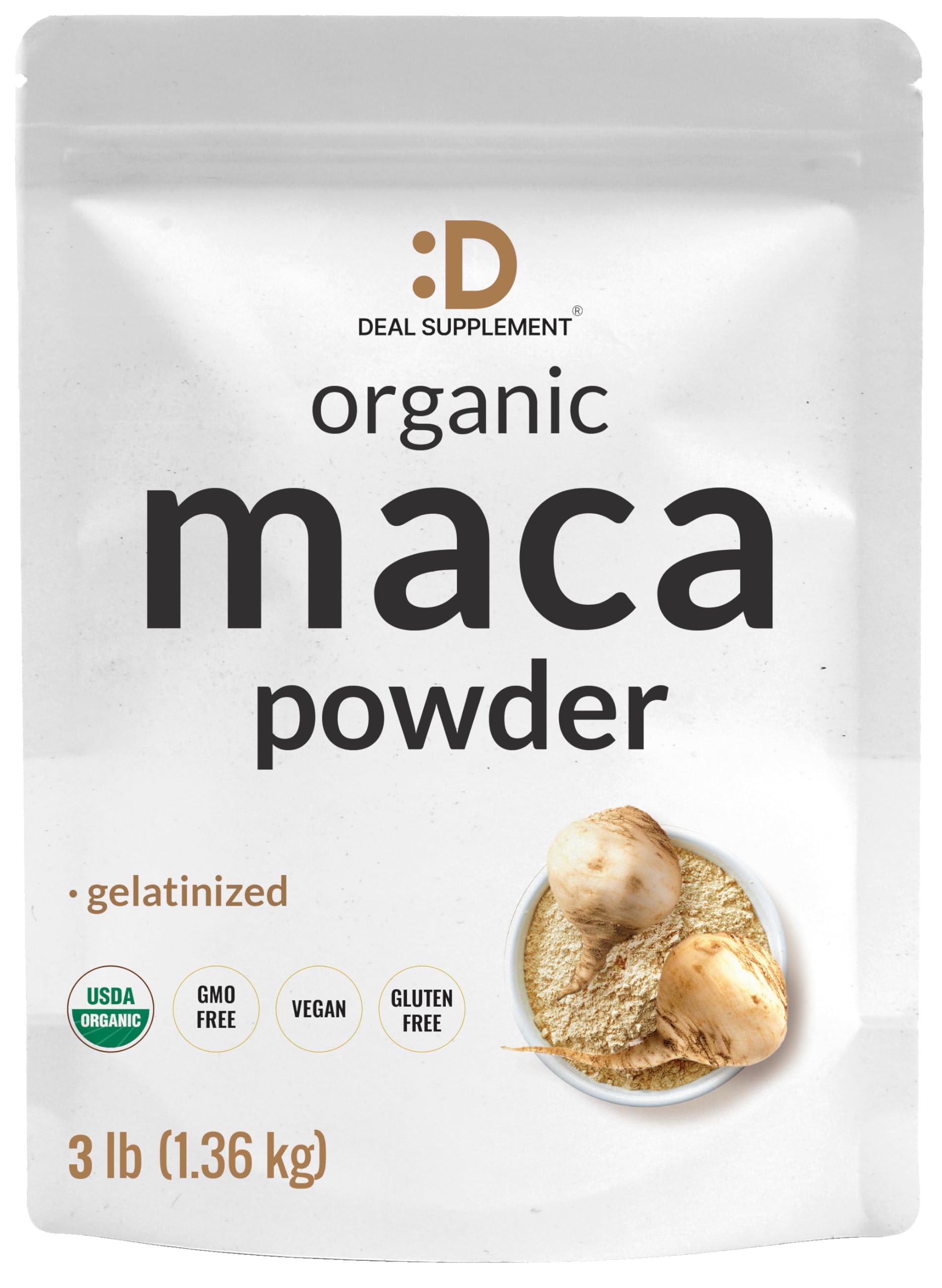 DEAL SUPPLEMENT envase frontal de maca orgánica mostrando tamaño y marca
