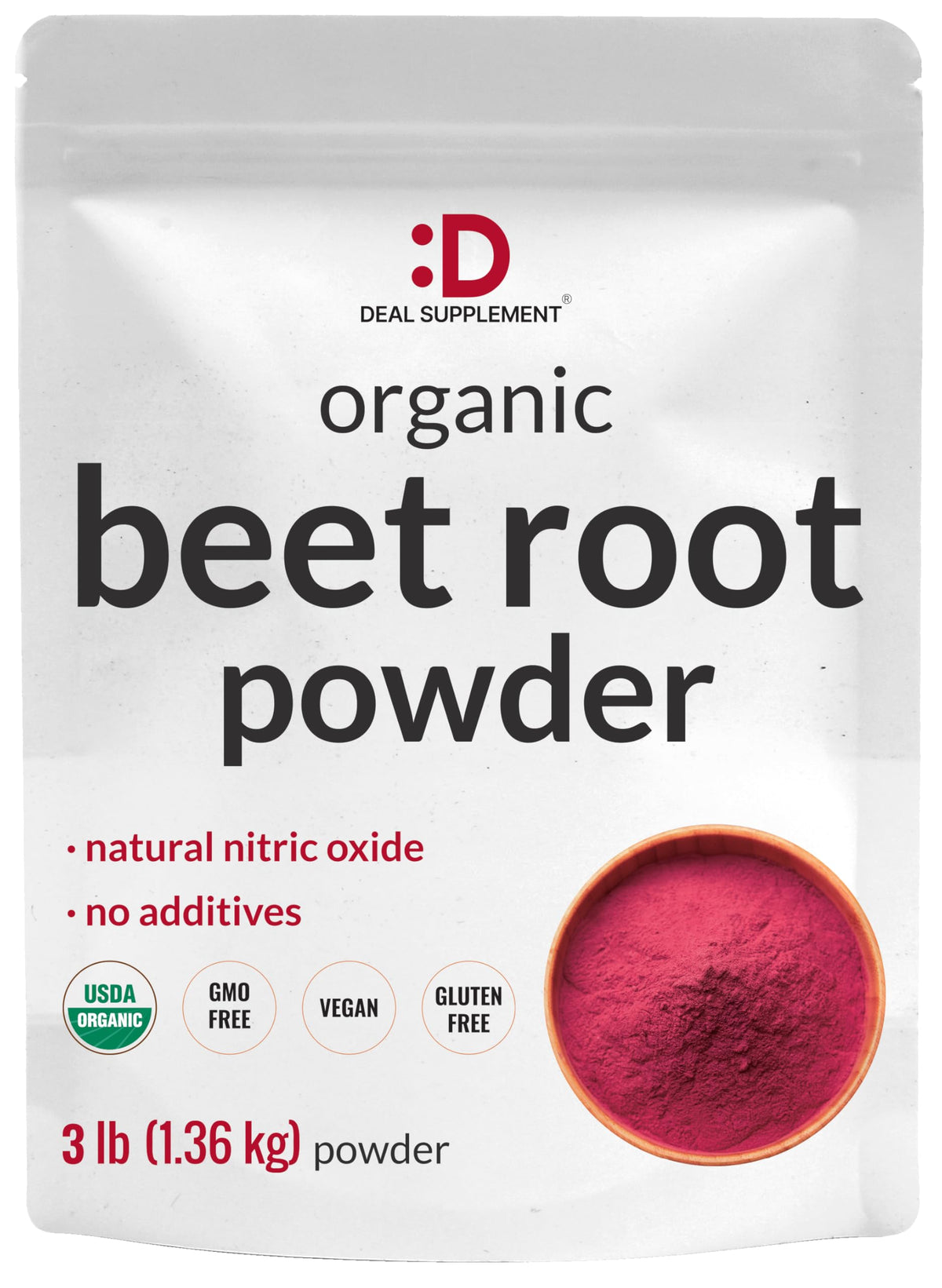 DEAL SUPPLEMENT envase frontal de polvo de remolacha orgánico mostrando presentación de 3 lb y beneficios