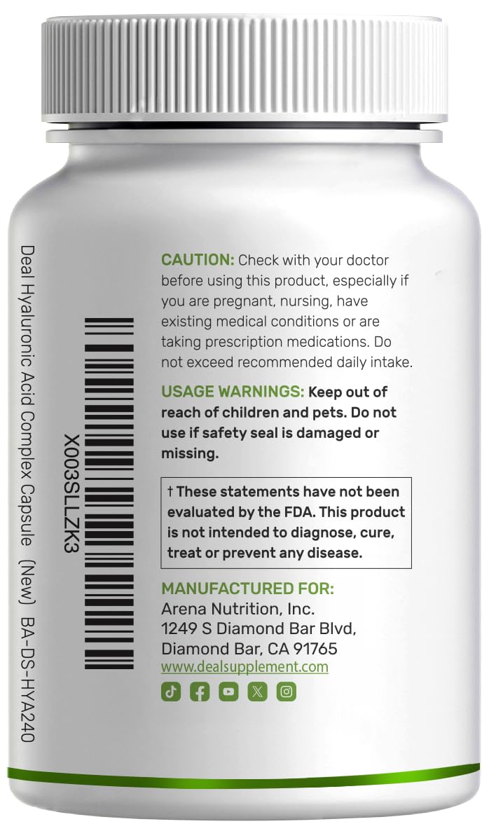 DEAL SUPPLEMENT ingredientes clave (HA, MSM, vitamina C) en primer plano