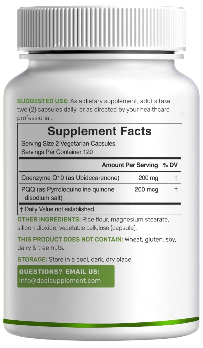 DEAL SUPPLEMENT ingredientes primarios CoQ10 y PQQ representados, enfoque en la formulación