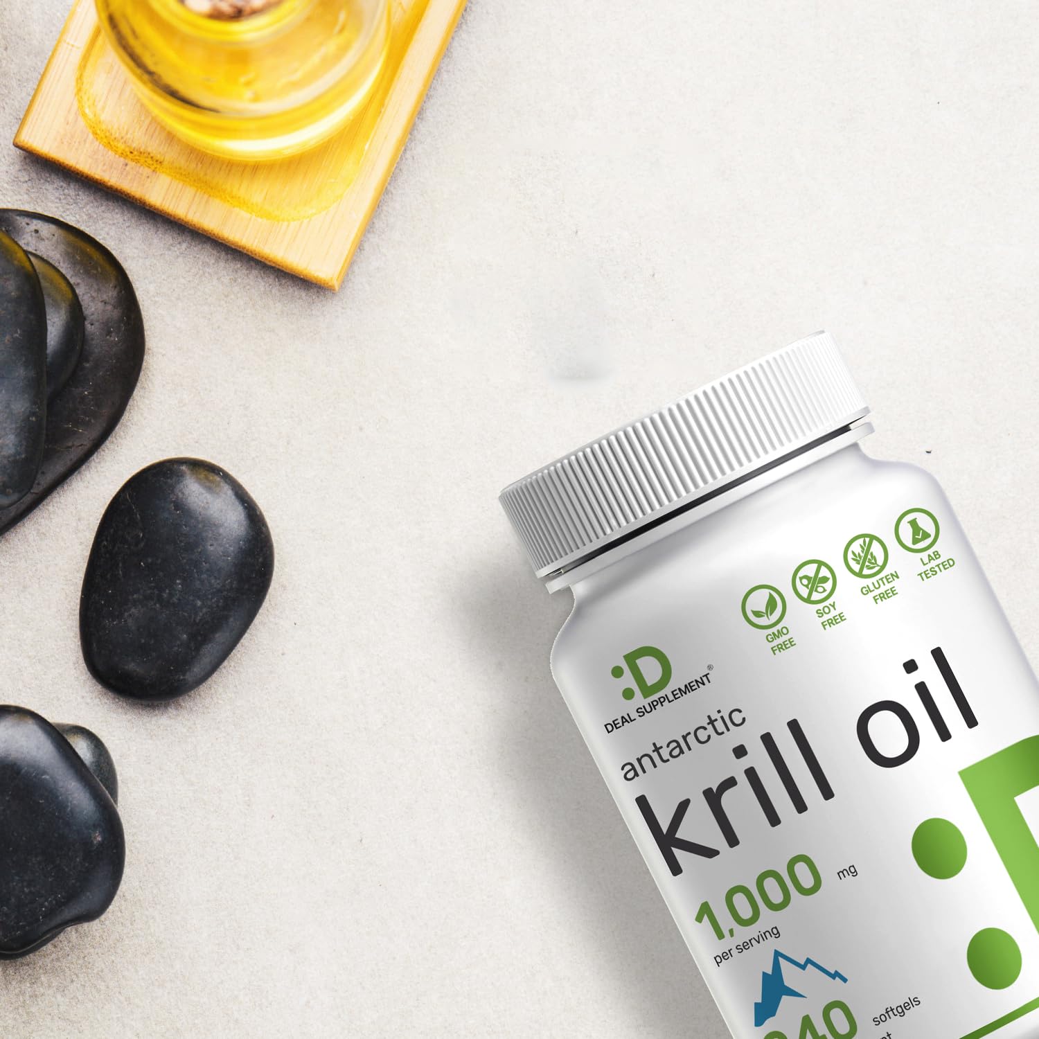 DEAL SUPPLEMENT frascos en cocina junto a alimentos saludables para estilo de vida